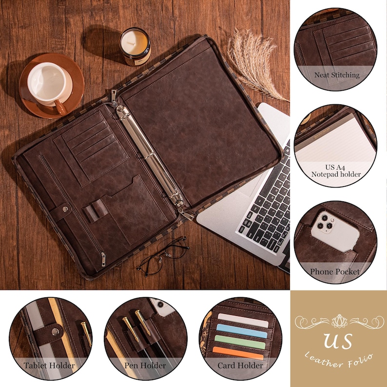 May include: Brown leather folio with a zipper closure, multiple pockets, and a ring binder. The folio has a patterned design and includes a tablet holder, pen holder, card holder, and phone pocket. The text "us leather folio" is visible on the bottom right corner of the image.