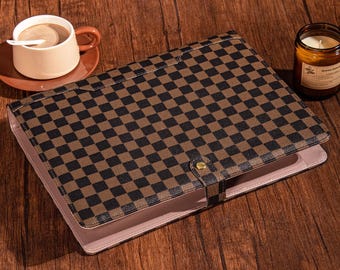Pasta personalizada xadrez marrom, organizador de fichário personalizado com 3 argolas, portfólio gravado com fecho de pressão, presente corporativo para homens e mulheres.