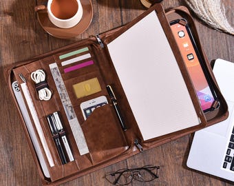 A4 Vintage Brown Portfolio,Personalized Pu Leather Padfolio,Custom iPad Pro Case,Zipper Notepad Folio,Embossed Name Briefcase,Business Gifts