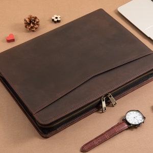 Vintage leren kantoortas Crazy Horse, portfolio/map met gepersonaliseerd naamlogo, A4-bestandsorganisator, aktetas conferentie, Thanksgiving-cadeau