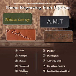 May include: A chart showing 10 different font options for engraving names. The fonts are shown in examples of names, such as "Melissa Lowrey", "A.M.T", and "Coleman". The chart also lists the font names, such as "Arial", "Georgia", "Bodoni", "Garamond", "Windsong", "Pacifico", "Old English", "Walkway Bold", "Monotype Corsiva", and "Lucida Handwriting".