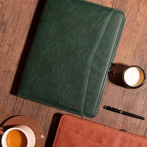 Portafolio personalizado de piel sintética verde, carpeta rellenable, bolso de oficina personalizado para hombre, estuche para bloc de notas de 3 anillas, regalo promocional para papá.