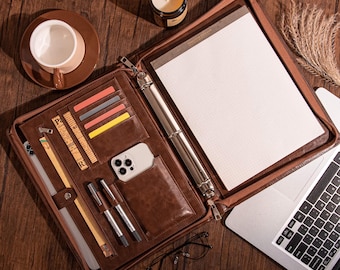 A4 Personalized Dark Brown Pu Leather Portfolio, 3-Ring Binder for Men, Engraved Name Logo Padfolio, Custom Document Folder, Employee Gift