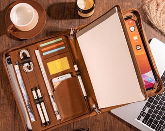 Personalized Genuine Leather Portfolio for Men, 11&quot; iPad Air 7gen Case, Business Briefcase Padfolio, A4 Notepad Holder, Custom Employee Gift