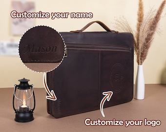Retro Crazy Horse Leather Portfolio with Handle, Personalized A4 Notepad Case, Custom Name Handbag, Briefcase Padfolio, Anniversary Gifts