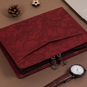 Porte-documents A5 en cuir rouge avec nom personnalisé, journal en cuir élégant, couverture de bloc-notes personnalisée, bloc-notes gravé, étui pour agenda femme, cadeau pour elle