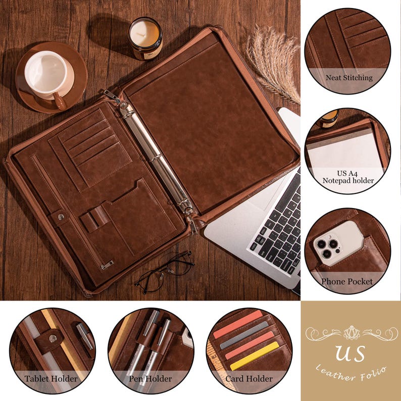 Pode incluir: Pasta de couro marrom com um fich&aacute;rio de argolas, v&aacute;rios bolsos e um bolso para telefone. A pasta est&aacute; aberta para revelar um porta-bloco de notas e um porta-tablet. A pasta est&aacute; sobre uma superf&iacute;cie de madeira.