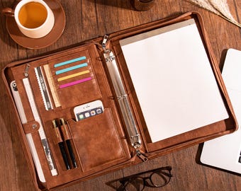 Personalized Leather Portfolio, A4 Custom 3-Ring Binder, Eco-Friendly Padfolio for Women, A4 Reminder Notepad Case, Creative Gift for Men