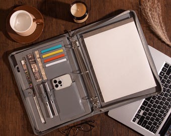 Engraved Vegan Leather Portfolio Color, 2-Ring Padfolio Binder, A4 Notepad Holder, Custom Office Bag, Personalized Name Logo Corporate Gift
