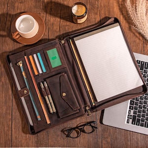 Personalizowane skórzane portfolio z rączką, teczka na notatki A4, spersonalizowana nazwa, logo, teczka na aktówki z zamkiem błyskawicznym, prezent dla mężczyzn