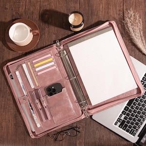 Portafolio personalizado en oro rosa, carpeta de 3 anillas personalizada para mujer, portafolios de cuero ecológico, estuche para bloc de notas con recordatorios A4, regalo para el día de la madre