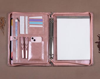 Personalized Refillable Portfolio, A4 Custom Padfolio, 3 Ring Binder Notebook Cover, Rose Gold Pu Leather Office Bag, Christmas Gift for Her