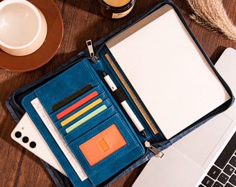 Personalized Leather Journal Cover, A5 Dark Blue Leather Planner, Traveler Notebook Case, Custom Name&Logo Portfolio, Gift for Her/Women/Men