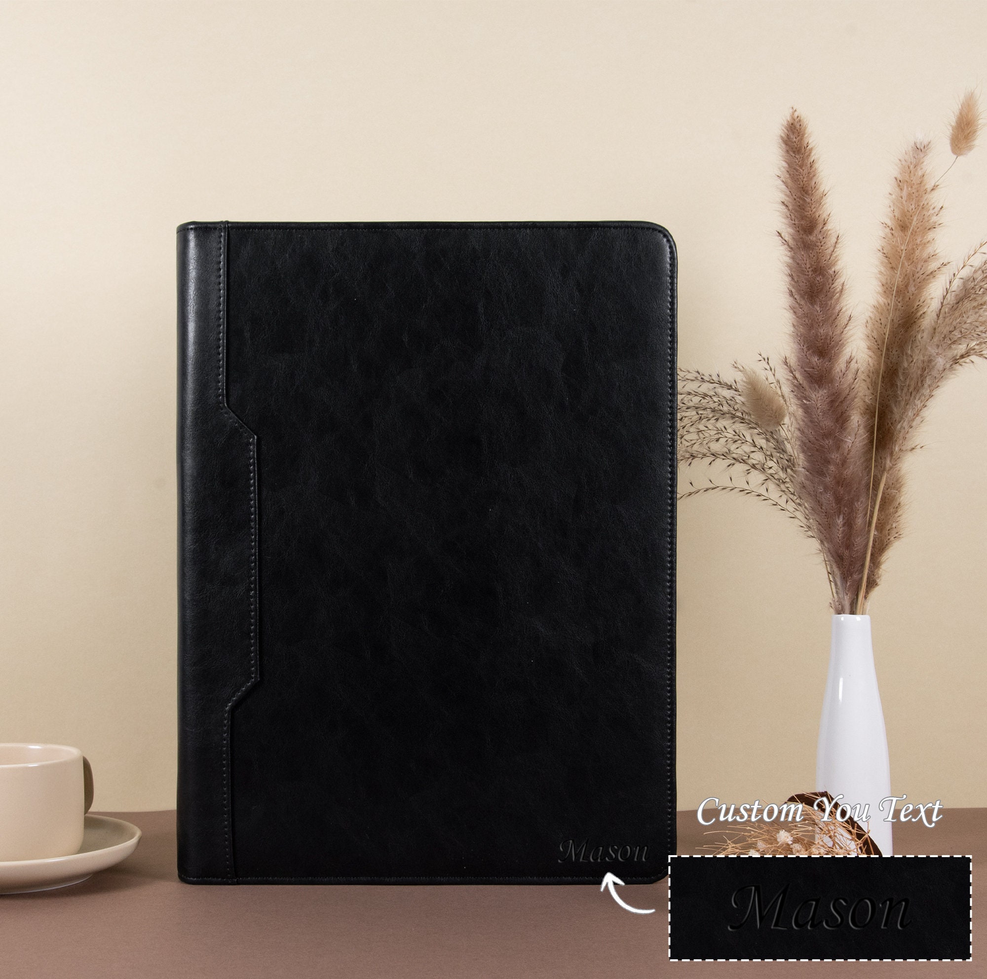 Personalized Vegan Leather Portfolio, A4 Padfolio Binder for Men, 3Ring Monogrammed Briefcase , 13" Laptop Bag, Notepad Folder, Company Gift