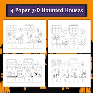 Halloween 3-D Papierhäuser, Halloween Papierhaus Handwerk, Halloween Aktivität, Halloween Malseiten, DIY Papierhaus für Kinder