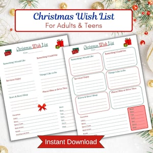 Weihnachtswunschliste zum Ausdrucken, Wunschliste für Erwachsene & Jugendliche, Weihnachtsgeschenkliste, Mitarbeiter Wichtel, Geschenkbörse Ideen, Büroparty PDF