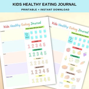 Dagelijkse voedingskaart voor kinderen, afdrukbare tracker voor gezond eten, checklist gezonde voeding, MyPlate-voedselgroepen, dagboek voor kindervoeding, dagboek voedselteller, dagboek voedselteller