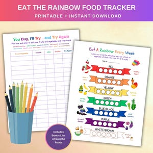 Eat A Rainbow-grafiek afdrukbaar, wekelijkse checklist, dagboek dagboek voor kinderen, kinderen leren in de klas fruit en groenten