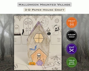 Halloween Paper House Craft, 4 Printable 3-D Haunted Houses, Kids DIY Color Cut Fold Glue Activity, Spooky Village Cottages, Paper Craft