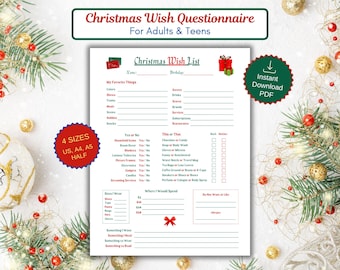 May include: A printable Christmas Wish List questionnaire for adults and teens. The document includes sections for favorite things, yes or no questions, and wish lists. Available in 4 sizes: US, A4, A5, and half-size. Features a festive design with Christmas decorations.