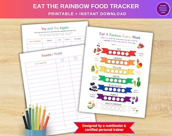Eat A Rainbow Chart Printable Bundle, Healthy Food Diary Journal for Kids, Picky Eater Challenge Checklist, Meal Planner & Tracker, US A4