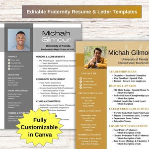 May include: Two editable resume templates for a fraternity member. The templates are in gray and gold with a photo of a man in each. The text on the templates includes the name Micah Gilmour, University of Florida, Biochemistry Major, Class of 2028, Intended Major: Biochemistry, Honors & Achievements, Leadership Roles, Community Involvement, Clubs & Committees, Hobbies & Passions, Contact, Education, Greek Affiliations, Extracurricular Activities, and Previous Education.
