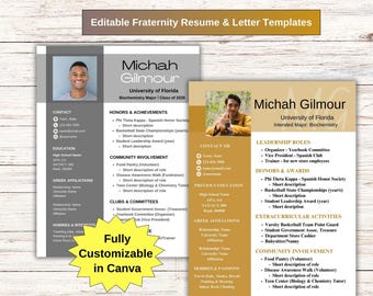 Editable Fraternity Resume and Cover Letter Template, Fraternity Recruitment Packet, Fraternity Rush Packet, Social Resume with Photo