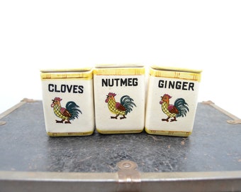 Vintage Rooster and Roses Spice Jars Ginger Nutmeg Cloves Square Spice Jars 1940s