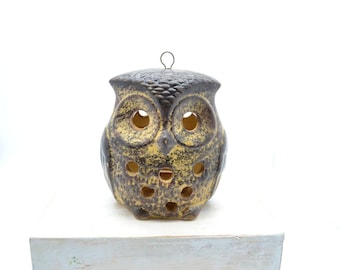 Vintage Ceramic Owl Candle Holder Votive Tea Light Hanging Candle Holder Brown 1970s