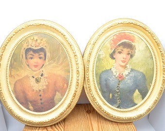 Vintage Persian Ladies Prints Set of 2 Ecru and Gold Molded Plastic Frames 1960s