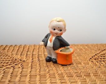 Vintage Little Rosy Cheeked  Boy in Tuxedo with Top Hat Small Planter Toothpick Holder Air Plant