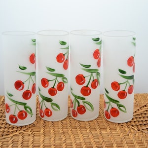 Vintage Frosted Hand Paint Cherry Tom Collins Ice Tea Drinking Glasses Set of4