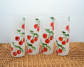 Vintage Frosted Hand Paint Cherry Tom Collins Ice Tea Drinking Glasses Set of4