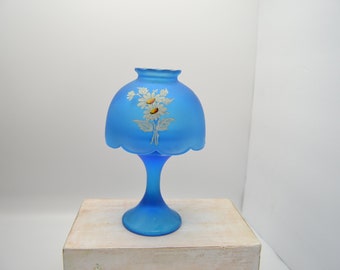 Vintage Westmoreland Fairy Lamp Pedestal Blue Satin and Hand Painted Daisies Glass 2 pc