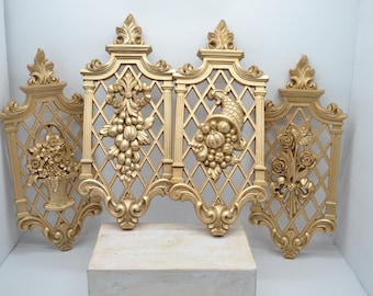 Vintage Syroco Gold Plastic Floral Lattice Wall Decor Classic Set of 4 1970s