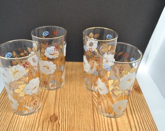 Vintage Floral Drinking Glasses MCM Gold Leaves White and Raised Blue Flowers Set of 4