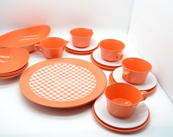 Vintage Orange Plaid Gingham Melamine Plates Serves for 4-22pc Set 1970s NHP Retro Picnic