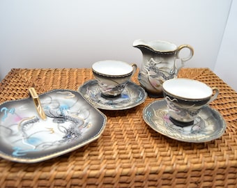 Vintage Moriage Dragonware 1950s Made in Japan Nappy Creamer 2 Teacups and Saucers