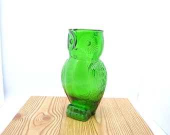 Vintage Green Glass Owl Water or Juice Pitcher Applied Handle 1960s Retro