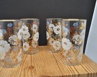 Vintage Floral Drinking Glasses MCM Gold Leaves White and Raised Blue Flowers Set of 4