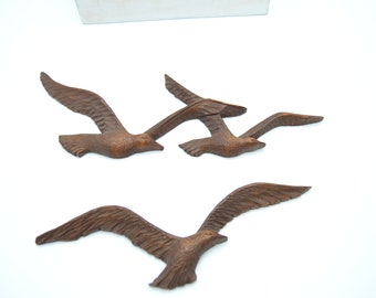 Vintage Hand Craved Wooden Seagulls in Flight Wall Decor Signed RJH 1982