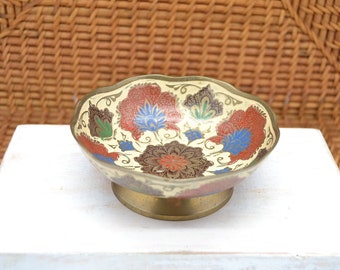 Vintage Small Footed Brass Enamel Bowl Cloisonne Style Made in India 1960s Trinket Dish