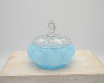 Vintage Fenton Blue Melon Glass Vanity Jar Powder Jar Trinket Dish Lidded 1940s