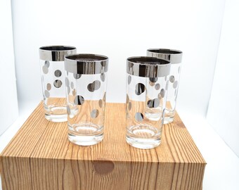 Vintage Silver Band and Polka Dot Highball Glasses Set of 4 1960s