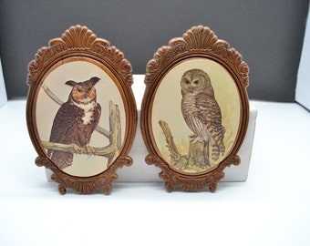 Vintage Owl Plaques Set of 2 Wooden Base 1980s Wall Decor Country Decor