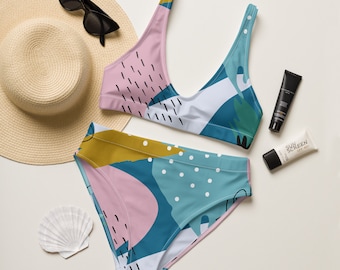 Recycled high-waisted bikini, Tropical Pattern, Womens Swimwear