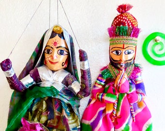 Rajasthani Famous Handmade Puppets Katputli Puppet Pair Home Decor Handcrafted Colorful Wooden Face String Puppet Kathputli in Pair Lot 5Pc