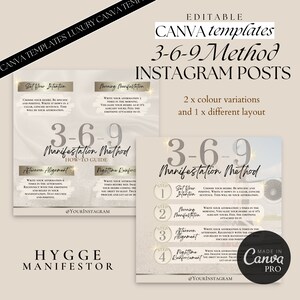 Könnte beinhalten: Eine beige und goldene Instagram-Post-Vorlage mit dem Text "3-6-9 Manifestation Method" und einer Anleitung für die 3-6-9-Methode der Manifestation. Die Schritte umfassen das Setzen deiner Absicht, die Morgenmanifestation, die Nachmittagsausrichtung und die nächtliche Verstärkung. Die Vorlage ist für die Verwendung in sozialen Medien konzipiert.