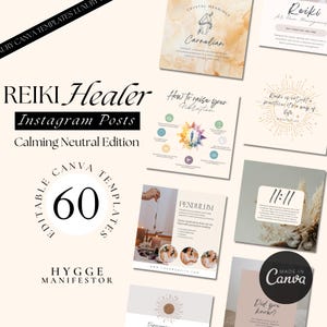 May include: A set of 60 customisable Instagram post templates for Reiki healers. The templates feature a calming neutral colour palette and include text such as "Reiki Healer", "Calming Neutral Edition", "How to raise your vibration", "Pendulum", "Did you know?", and "Made in Canva".