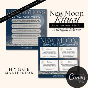 Könnte beinhalten: Eine blaue und silberne Grafik mit dem Text "New Moon Ritual" und "Instagram Posts Midnight Edition". Die Grafik enthält auch eine kleinere Grafik mit dem Text "New Moon Ritual for Manifestation" und vier Schritten für ein Ritual: Intention, Visualisieren, Loslassen und Bestätigen.